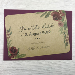 Save the Date Karte - Bordeaux & Kraftpapier - A6 mit Briefumschlag